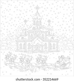 Flying magic reindeers and Santa Claus with a sack of gifts in his sleigh on a snowy Christmas eve, a black and white vector illustration