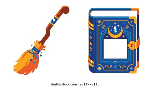 Flying magic witch broomstick ancient blue spellbook crescent moon magic wizardry school fantasy graphic
