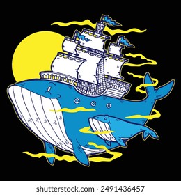 Flying Magical Whale Ship Fantasy Cartoon Character Illustration for graphic tees