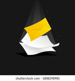 Flying mail envelope and sheets of paper illuminated by light.