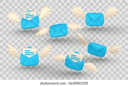 Flying Mail Envelopes with Wings and Letters, 3D Cartoon Style Icon Set for Email, Message, Communication or Delivery Concept. Vector Illustration.