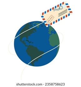  Flying mail paper on the world with world map background. World Post Day.
