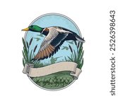 Flying Mallard Duck hunting logo emblem