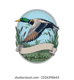 Emblema del logotipo de la caza del pato Mallard volador