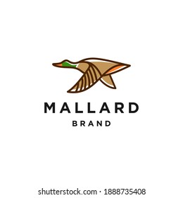 Flying mallard duck logo template. Vector geometric logotype illustration isolated on background. Linear bird fly wings icon symbol in flat style