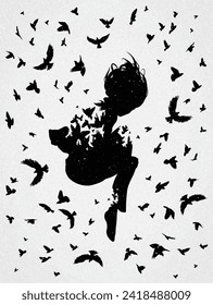 Flying man. Ascension to heaven, angel. Death, afterlife. Flying birds