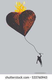 Flying man with balloon heart