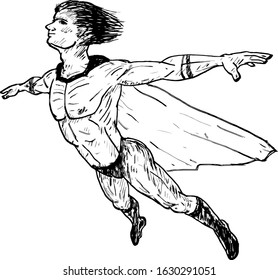 A flying man with cape for the concept of super hero. Hand drawn vector illustration. 