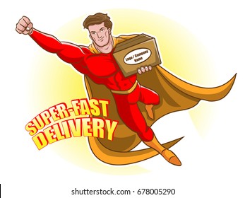 Flying man carry a package, Super-fast delivery cartoon vector for delivery service business.