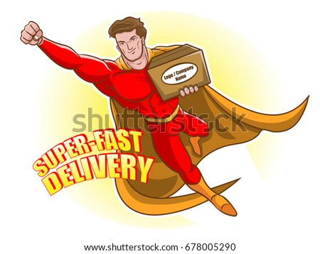 Flying man carry a package, Super-fast delivery cartoon vector for delivery service business.
