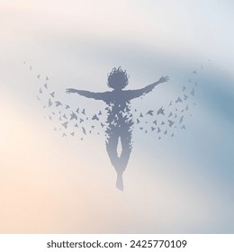 Flying man in foggy clouds. Ascension to heaven, angel. Afterlife