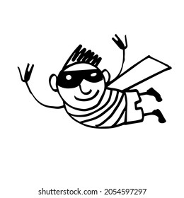 A flying man in a mask and a raincoat. Man is a bat. Hand-drawn funny cartoon character. Sketch. Vector illustration