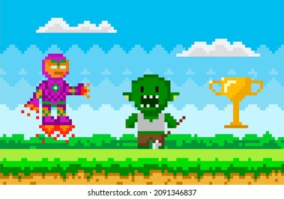 Flying man near unknown evil monster. Pixelated cartoon robot is fighting zombie. Pixel game design elements vector illustration. Pixel art game scene with ground, grass and sky with clouds
