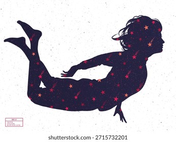 Fliegender Mann gemusterte Silhouette. Rote und orangefarbene Sterne am Himmel