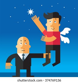 Flying man returned on earth. Boss capture office worker for control or limitation of authority concept design. Flat style vector illustration.