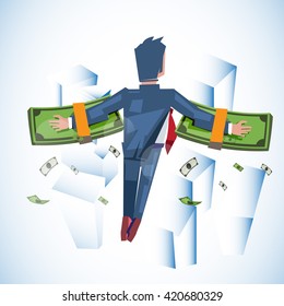 flying man with stack of money in his hand. money wing. flying with money over the city - vector illustration