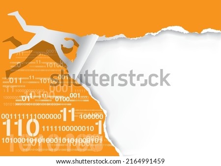 Flying man tearing paper, with binary codes.
 Paper silhouette of man ripping orange paper background with binary codes and digital numbers. Concept for fast Internet connection. Vector available.