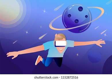 Flying man in virtual reality glasses on a space abstract Background. Vector illustration in modern flat style.