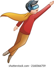 Flying man and wearing virtual reality glasses