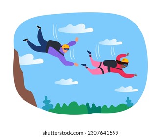 flying man and woman base jumping extreme sport skydiving  vector illustration 