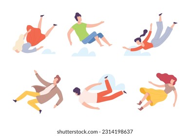 Flying Man and Woman Floating in the Air and Cloud Fantasizing Vector Set