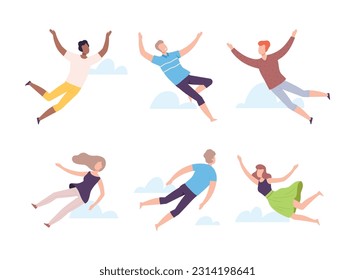 Flying Man and Woman Floating in the Air and Cloud Fantasizing Vector Set