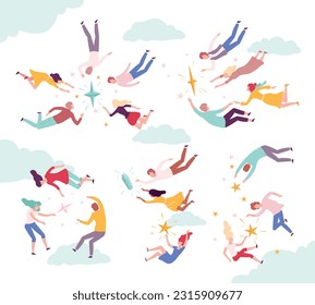 Flying Man and Woman Floating in the Air and Cloud Fantasizing Vector Set