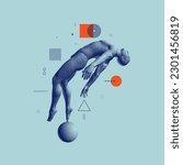 Flying man in zero gravity or a fall. Levitation act. Hovering in the air. Take me higher. Astral travel out of body or reincarnation spiritual concept. Psychic mind power of meditation. 3D art.
