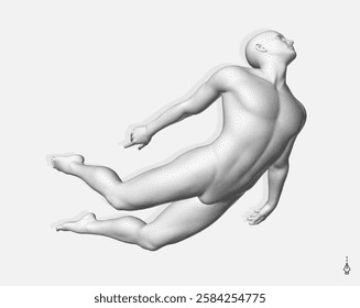 Flying man in zero gravity or a fall. Levitation act. Hovering in the air. Take me higher. Astral travel out of body or reincarnation spiritual concept. Psychic mind power of meditation. 3D art.