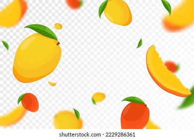 Flying mango, seamless pattern background with green leaves and slices of mango fruits. Blurry effect, realistic 3d vector illustration. Falling mango isolated on transparent background