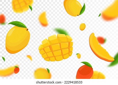 Mango volador, fondo de patrón impecable con hojas verdes y trozos de frutos de mango. Efecto borroso, ilustración de vector 3d realista. Aislamiento del mango en un fondo transparente