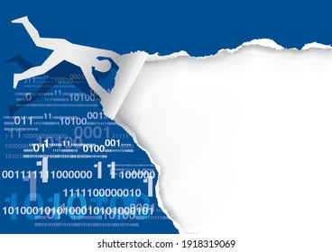 Flying man,tearing paper, with binary codes.
Paper silhouette of man ripping blue paper background with binary codes and digital numbers. Concept for fast Internet connection.Vector available.