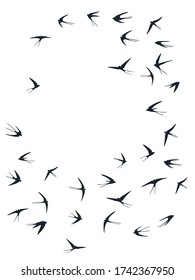 Flying martlet birds silhouettes vector illustration. Nomadic martlets school isolated on white. Swift flying swallows line art. Realistic birds in sky graphic design. Wildlife concept.