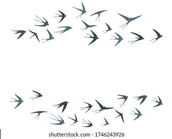 Flying martlet birds silhouettes vector illustration. Nomadic martlets bevy isolated on white. Soaring flying swallows line art. Simple birds in sky graphic design. Wildlife concept.