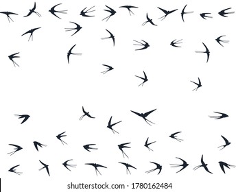 Flying martlet birds silhouettes vector illustration. Migratory martlets bevy isolated on white. Alar flying swallows line art. Little birds in sky graphic design. Fauna background.