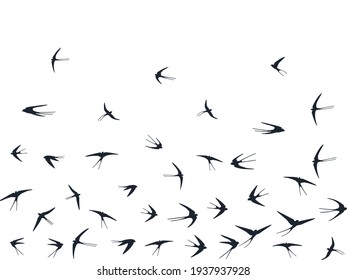 Flying martlet birds silhouettes vector illustration. Nomadic martlets group isolated on white. Gliding flying swallows line art. Little birds in sky graphic design. Wildlife concept.