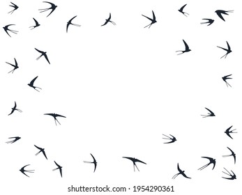 Flying martlet birds silhouettes vector illustration. Migratory martlets flock isolated on white. Wingy flying swallows line art. Many birds in sky graphic design. Wildlife concept.