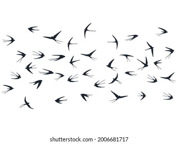 Siluetas de aves de martillo voladoras ilustran vectores. Escuela de mercadillos migratorios aislada en blanco. Aves brillantes volando barandillas de arte de línea. Aves bonitas en diseño gráfico del cielo. Concepto de vida silvestre.