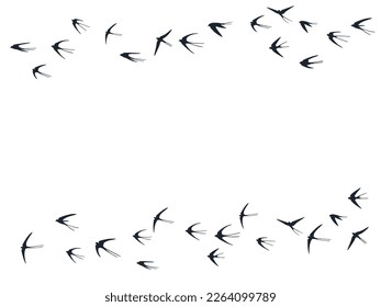 Flying martlet birds silhouettes vector illustration. Migratory martlets bevy isolated on white. Fast flying swallows line art. Cute birds in sky graphic design. Fauna background.