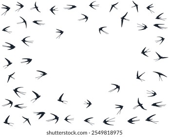 Ilustración vectorial de siluetas de aves de martlet voladoras. Martillos nómadas beevy aislados en blanco. Plumas de golondrinas voladoras arte de línea. Pájaros simples en el Diseño gráfico del cielo. Fauna de fondo.