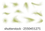 Flying matcha powder, dust particles in motion, green splashes isolated on white background.