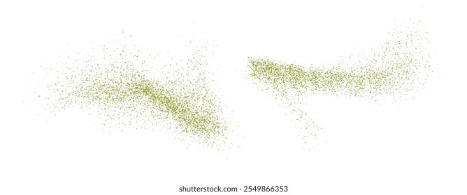 Fliegendes Matchapulver, Staubpartikel in Bewegung, grüne Spritzer einzeln auf weißem Hintergrund.