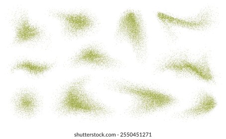 Flying matcha powder, dust particles in motion, green splashes isolated on white background.