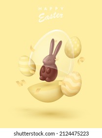 Flying matte yellow egg with glass dome and chocolate rabbit, bunny, serpentine, creative box, case. Happy Easter poster. Vector illustration for card, party, design, flyer, banner, web, advertising.