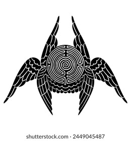 Flying maze. Round spiral labyrinth symbol with bird's or angel's wings. Creative concept. Black and white silhouette.