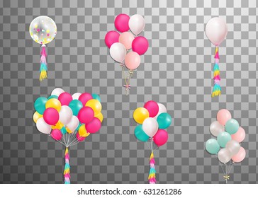 Flying Mega bunch of colorful, shiny, holiday  balloons isolated. Party decorations for birthday, anniversary, celebration, event design,wedding. vector illustration 