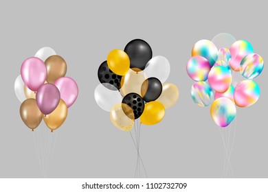 Flying Mega Set of colorful, shiny, holiday balloons isolated. Party decorations for birthday, anniversary, celebration, event design,wedding. vector illustration