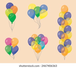Flying Mega Set of colorful, shiny, holiday balloons isolated. Party decorations for birthday, anniversary, celebration, event design,wedding. vector illustration, 3d Realistic Colorful Balloon Set.