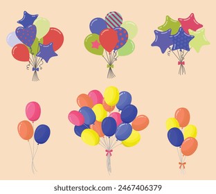 Flying Mega Set of colorful, shiny, holiday balloons isolated. Party decorations for birthday, anniversary, celebration, event design,wedding. vector illustration, 3d Realistic Colorful Balloon Set.