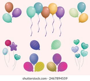 Flying Mega Set of colorful, shiny, holiday balloons isolated. Party decorations for birthday, anniversary, celebration, event design,wedding. vector illustration, 3d Realistic Colorful Balloon Set.